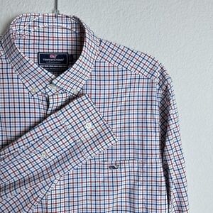 Vineyard Vines Performance Shirt Men's Sz Large Blue Red Check Slim Fit Tucker